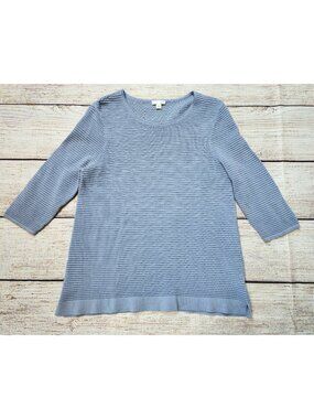 J Jill Medium Loose Open Knit Pullover Top Tunic Blue Cotton Blend 3/4 Sleeve